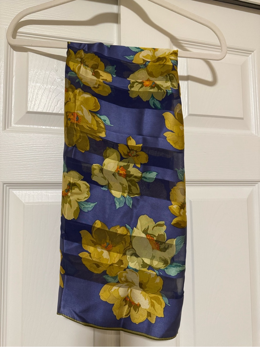 Pierre Balmain Blue Floral Silk Scarf with Yellow Blooms